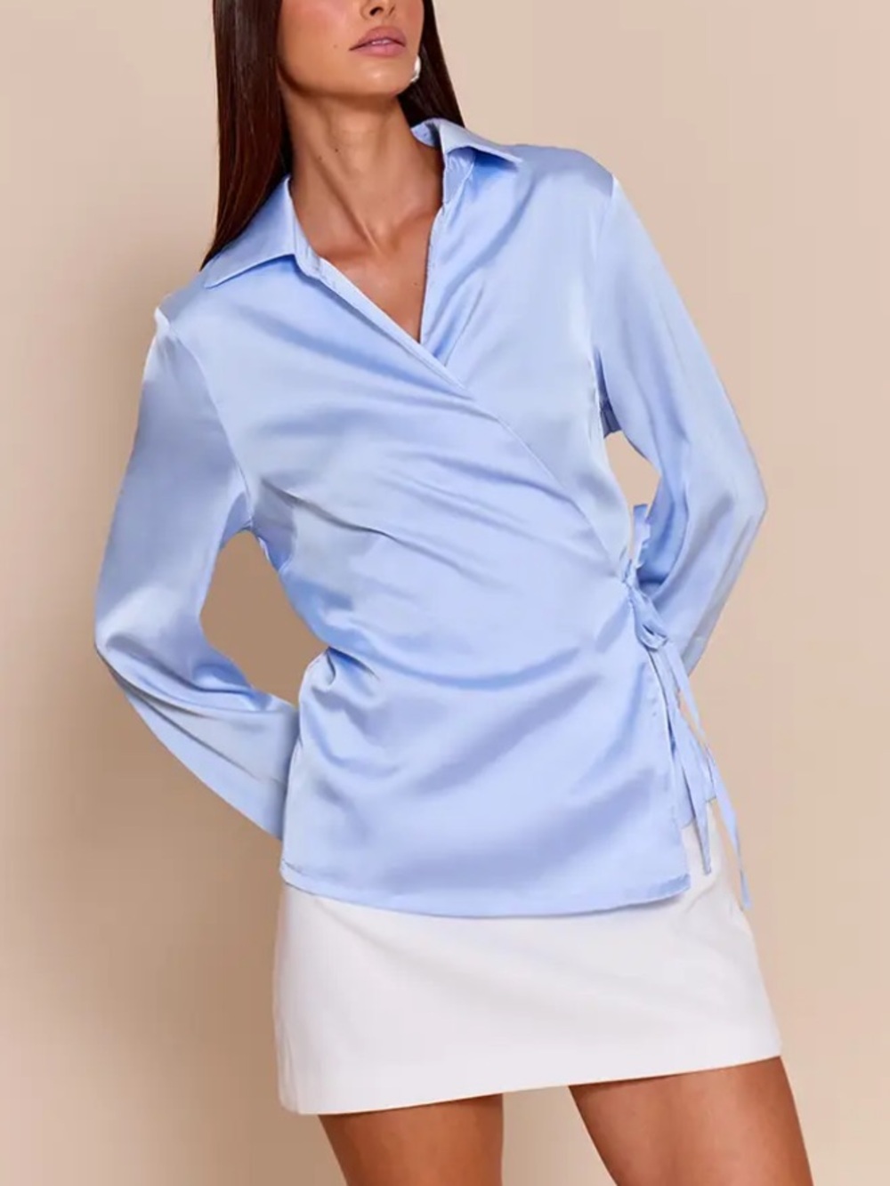 PrettyLittleThing Pale Blue Wrap Shirt with Tie Detail Size 4 NWT